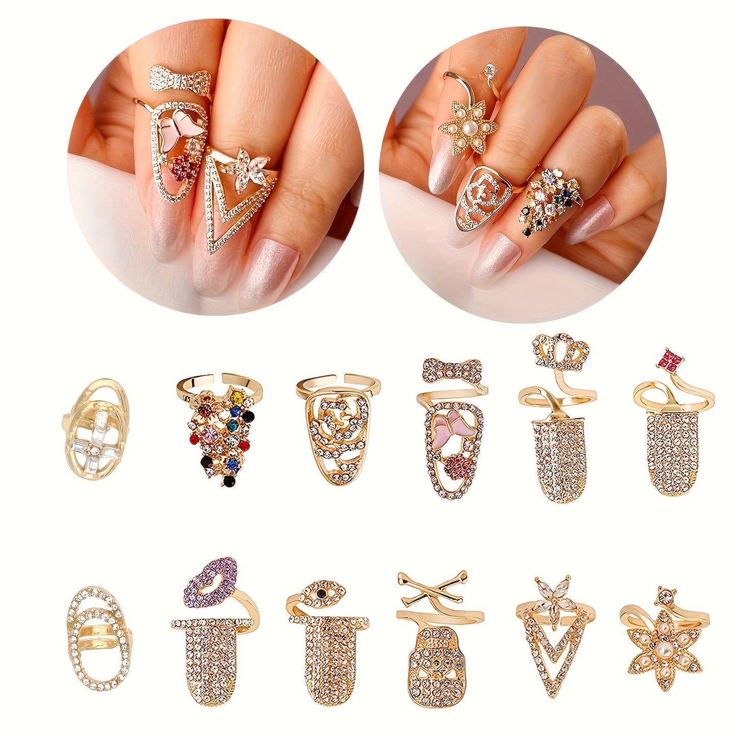 12 Pcs Luxury Crystal Rhinestone Finger Nail Rings - Women Fashion Bowknot Knuckle Nail Ring Decoration Tip Nail Art Crown Flower Charm