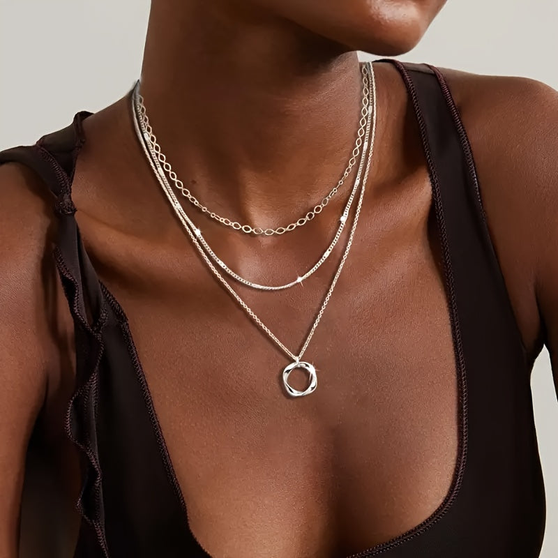 925 sterling silver necklaces for women, fashion multi-layer stackable stack choker necklaces for women, trendy layering circle pendant chain necklace set jewelry