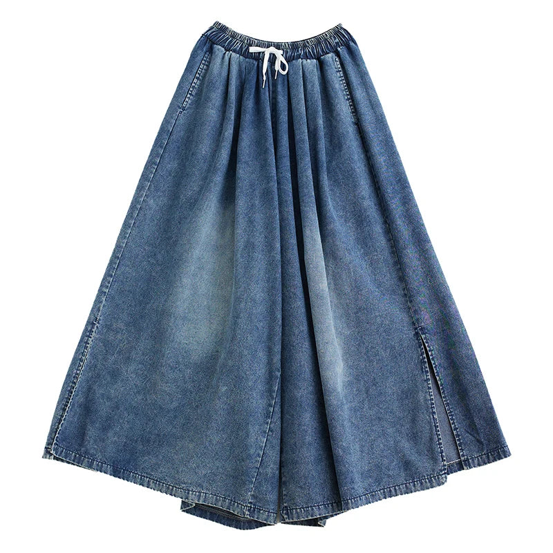 NYFS 2025 New Autumn Vintage Woman Jeans Loose Plus size Slit Trousers Elastic Waist Belt Denim Wide Leg Pants (Copy)