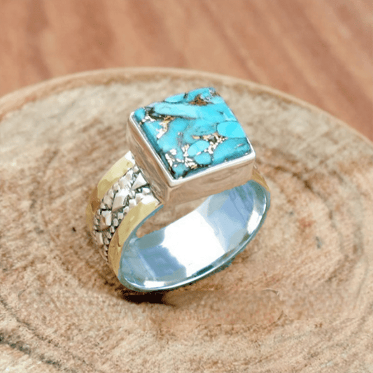 Vintage-Inspired Blue Copper Square Turquoise Statement Ring - Handcrafted Bohemian Wedding Band - Unique Gift for Women, Fashion Jewelry with Imitation Turquoise Stone, Copper Plated, Adjustable Size