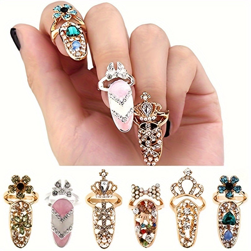 12 Pcs Luxury Crystal Rhinestone Finger Nail Rings - Women Fashion Bowknot Knuckle Nail Ring Decoration Tip Nail Art Crown Flower Charm