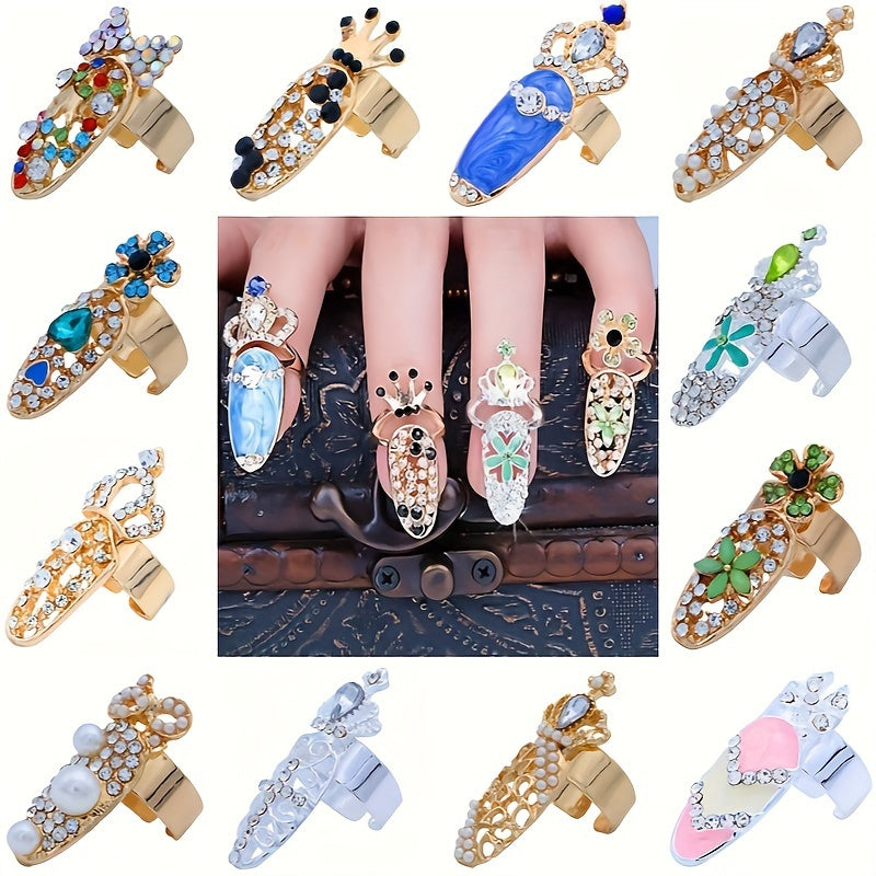 12 Pcs Luxury Crystal Rhinestone Finger Nail Rings - Women Fashion Bowknot Knuckle Nail Ring Decoration Tip Nail Art Crown Flower Charm