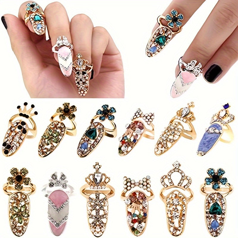 12 Pcs Luxury Crystal Rhinestone Finger Nail Rings - Women Fashion Bowknot Knuckle Nail Ring Decoration Tip Nail Art Crown Flower Charm