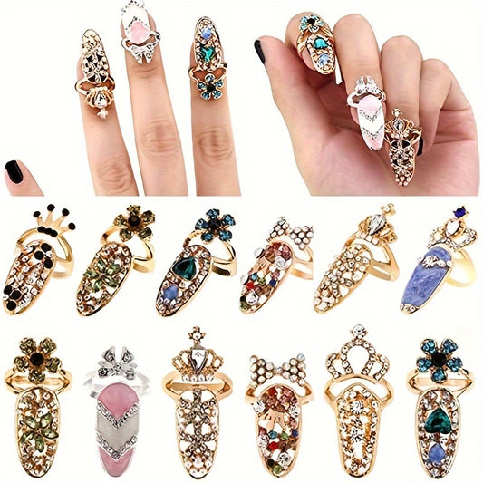 12 Pcs Luxury Crystal Rhinestone Finger Nail Rings - Women Fashion Bowknot Knuckle Nail Ring Decoration Tip Nail Art Crown Flower Charm