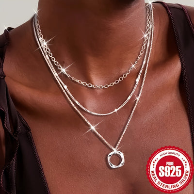 925 sterling silver necklaces for women, fashion multi-layer stackable stack choker necklaces for women, trendy layering circle pendant chain necklace set jewelry