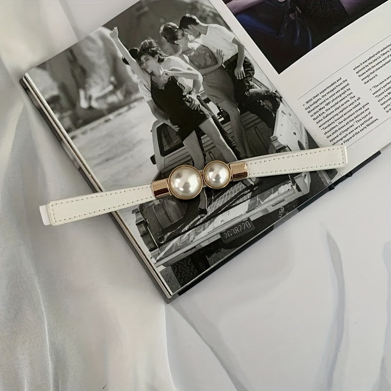 Faux Pearl Elastic Thin Belt, Women's Decoration For Dress, Fashion Simple Women's Buckle Thin Belt