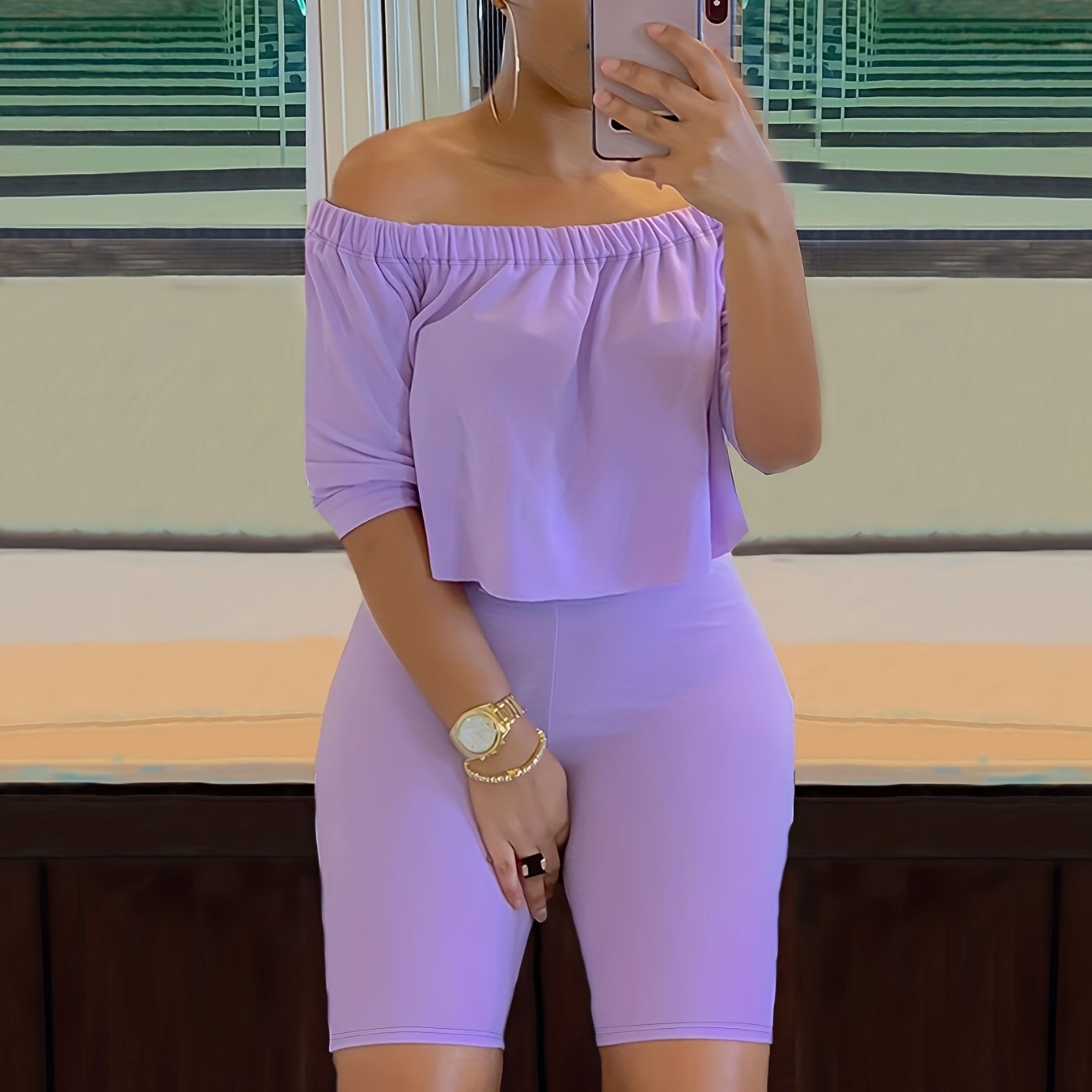 Sexy Solid Fashion Pantsuits Two-piece Set, Off Shoulder Short Sleeve Tops & Slim Shorts Set, Women's Clothing