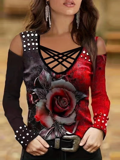 Casual V-Neck Long Sleeve T-Shirt - Floral Print Color Block Women's T-Shirt - Every Day Tops, Women's Clothing