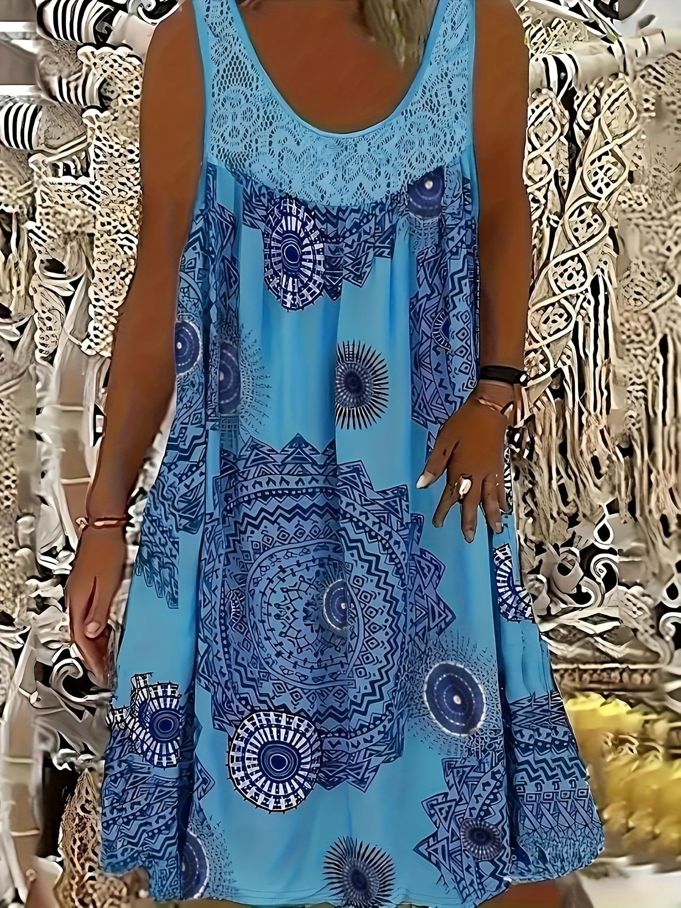 Women's Elegant Sleeveless A-Line Dress with Contrast Lace Hem & Geometric Print - Knee-Length Flared Skirt, Round Neck, Machine Washable, Plus Size Friendly for Casual & Semi-Formal Occasions, Lace Detailing, Comfortable Fit