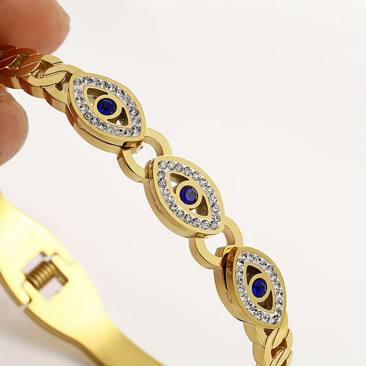Stainless Steel Evil's Eye Pattern Bangle, Lucky Rhinestones Cuff Bracelet For Men Women, Fashion Jewelry