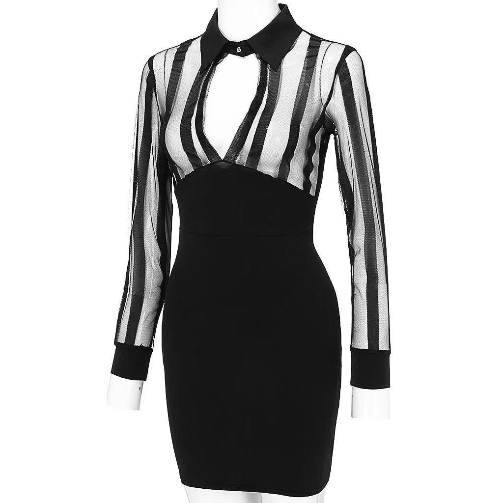 Women's Dresses Fashion Women Long Sleeve Sheer Striped Mesh Patchwork Bodycon C