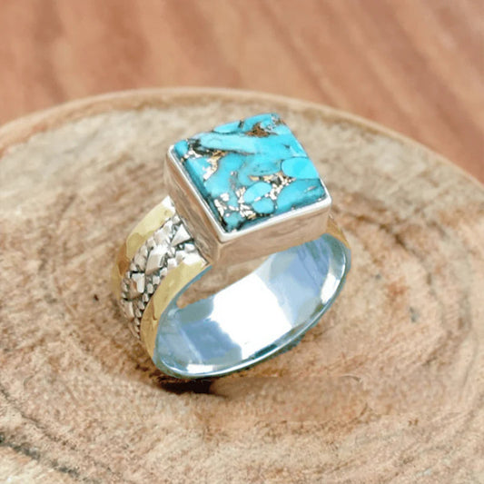 Vintage-Inspired Blue Copper Square Turquoise Statement Ring - Handcrafted Bohem