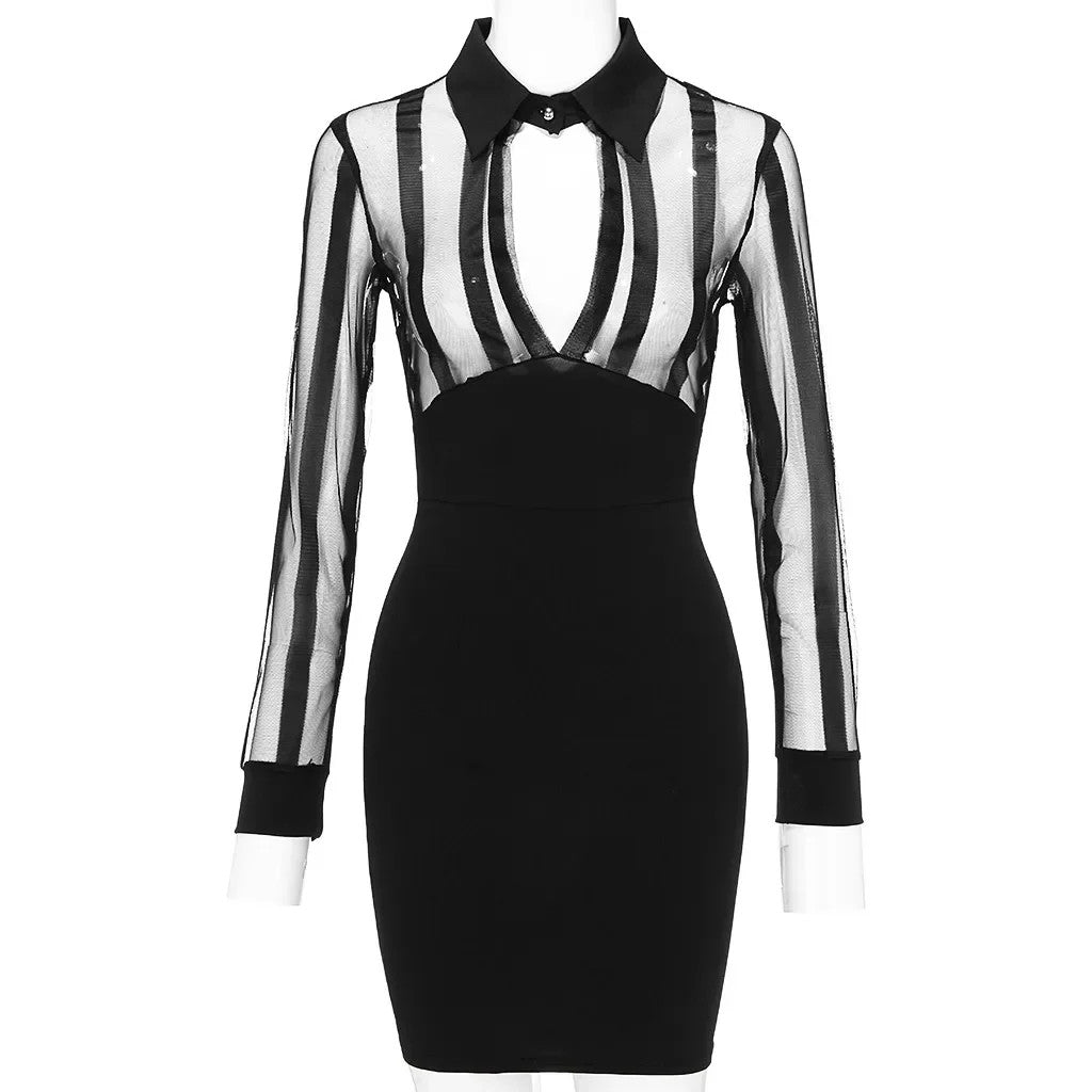Women's Dresses Fashion Women Long Sleeve Sheer Striped Mesh Patchwork Bodycon C