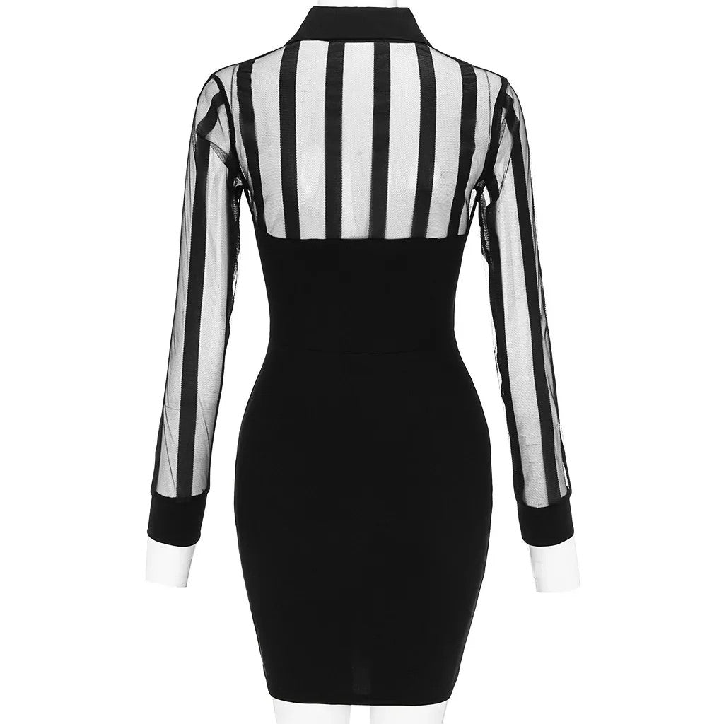 Women's Dresses Fashion Women Long Sleeve Sheer Striped Mesh Patchwork Bodycon C