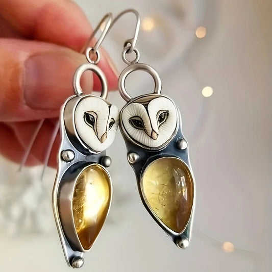 Vintage Owl Design Synthetic Gems Inlaid Dangle Earrings Bohemian Party Style Al