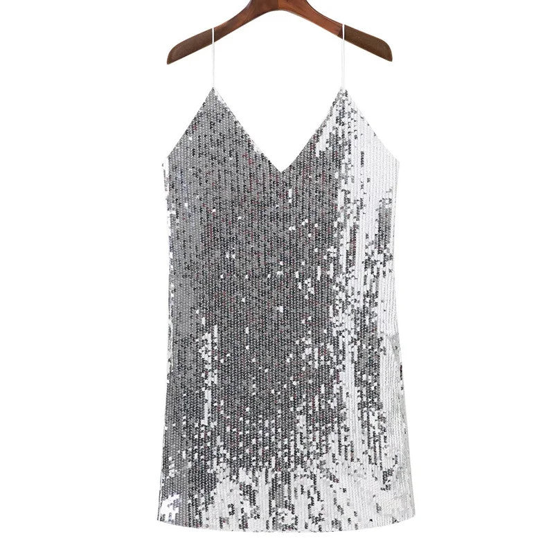 Deep V Neck Autumn Silver Sequined Backless Sexy Dress Women Off Shoulder Mini  