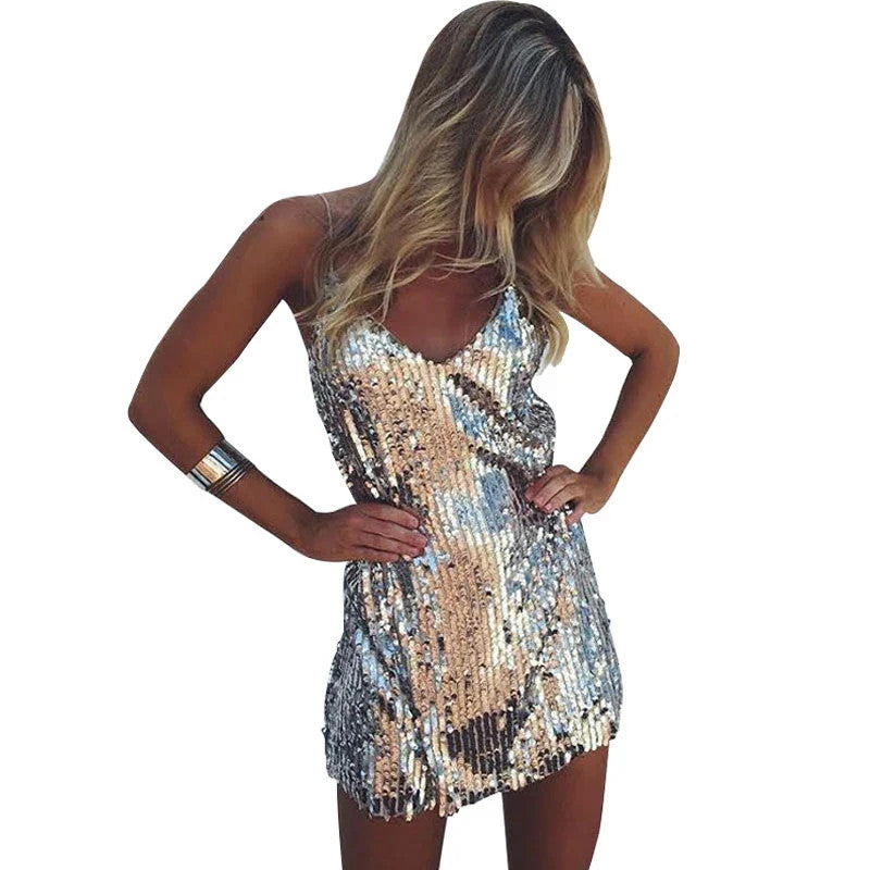 Deep V Neck Autumn Silver Sequined Backless Sexy Dress Women Off Shoulder Mini  