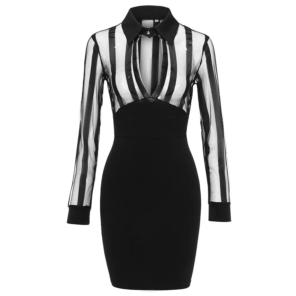 Women's Dresses Fashion Women Long Sleeve Sheer Striped Mesh Patchwork Bodycon C