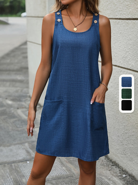 Women's Casual Denim-Style Sleeveless Dress with Pockets - Off-Shoulder, Button Detail, Perfect for Spring/Summer Vacations, Casual Summer Dresses