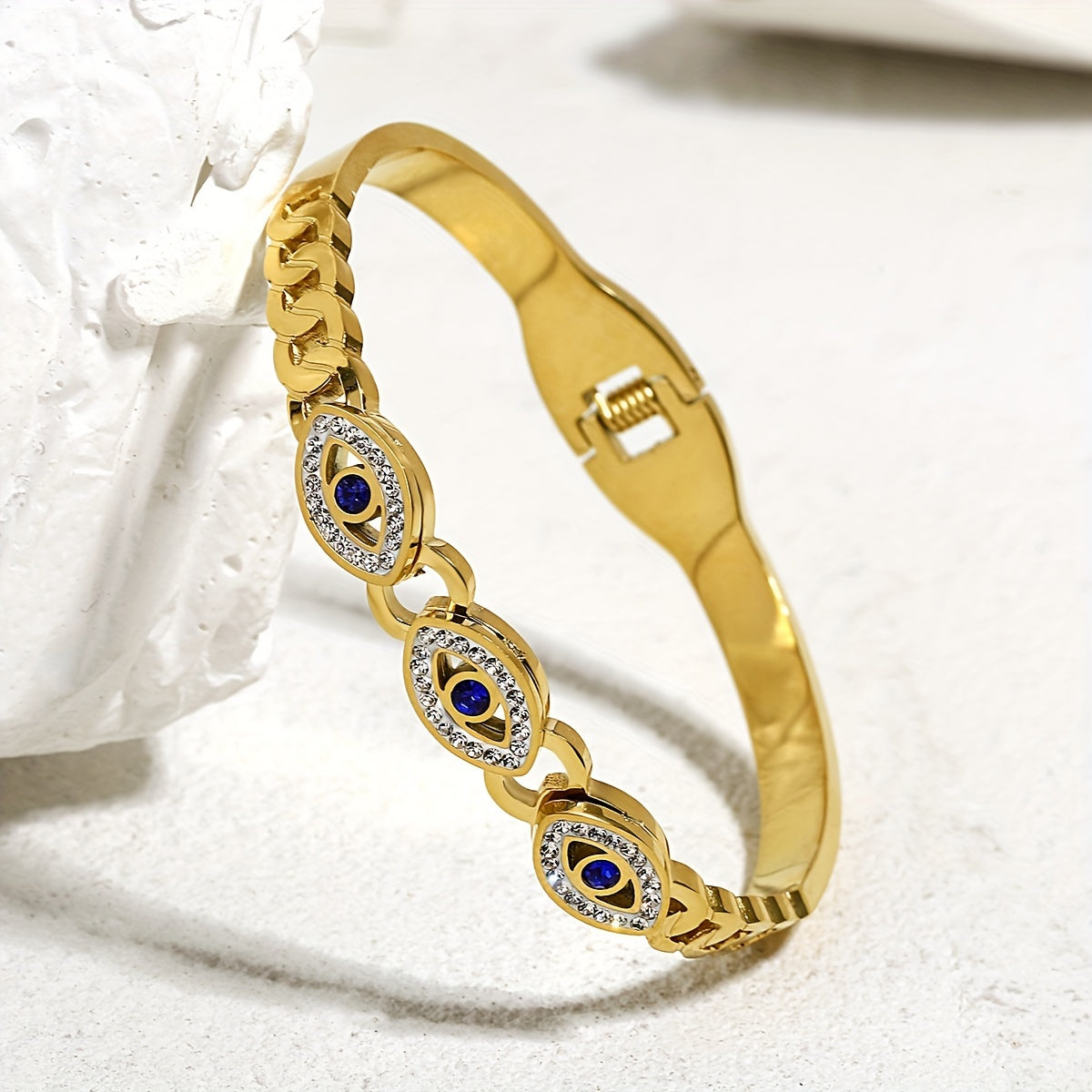 Stainless Steel Evil's Eye Pattern Bangle, Lucky Rhinestones Cuff Bracelet For Men Women, Fashion Jewelry