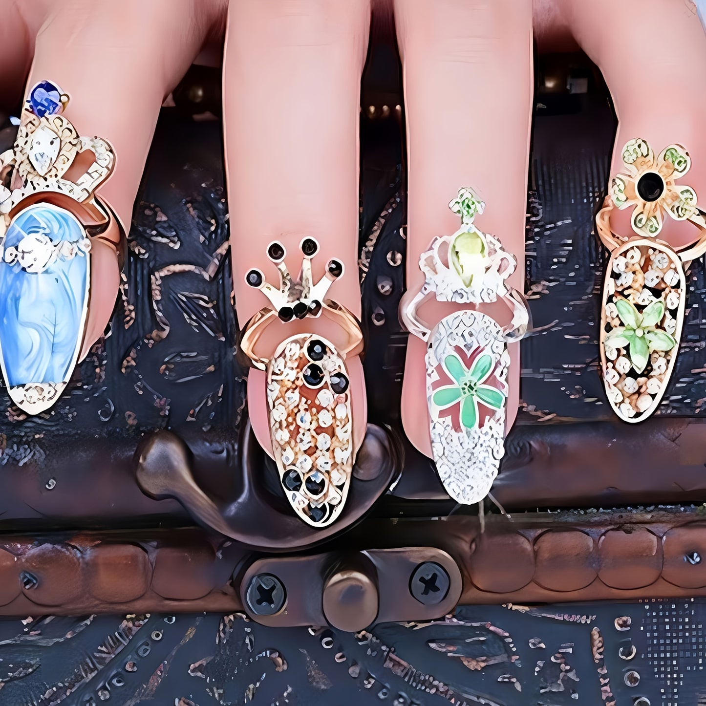 12 Pcs Luxury Crystal Rhinestone Finger Nail Rings - Women Fashion Bowknot Knuckle Nail Ring Decoration Tip Nail Art Crown Flower Charm