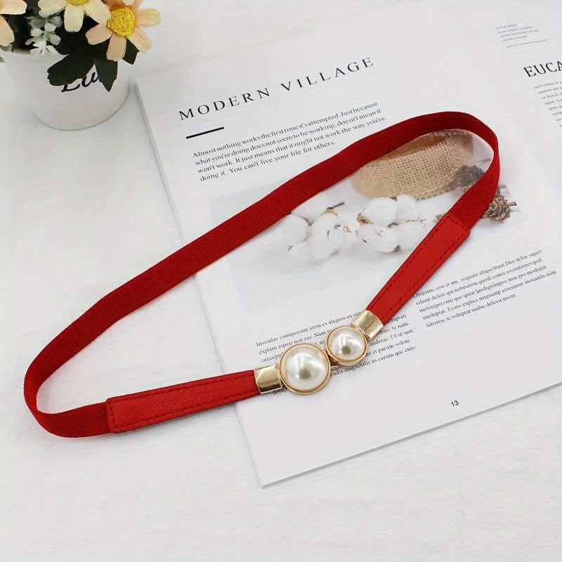 Faux Pearl Elastic Thin Belt, Women's Decoration For Dress, Fashion Simple Women's Buckle Thin Belt