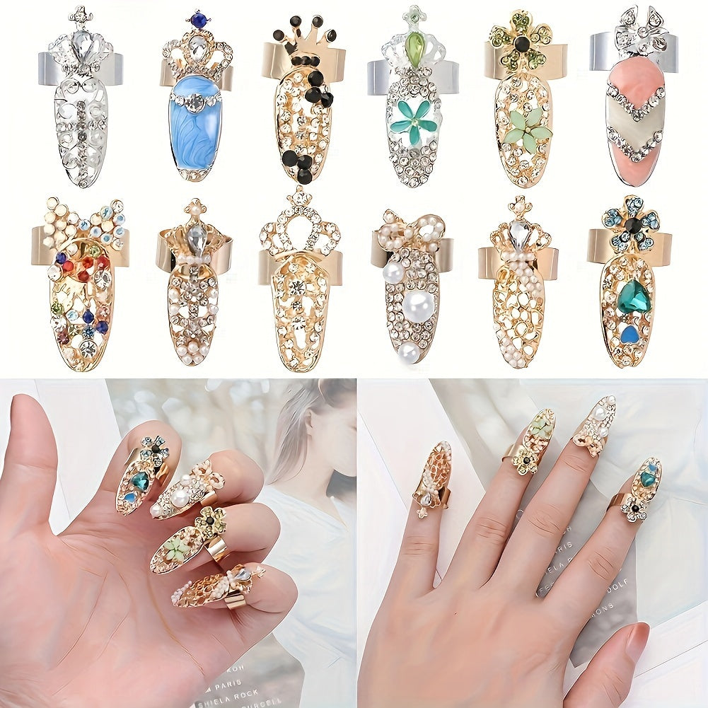 12 Pcs Luxury Crystal Rhinestone Finger Nail Rings - Women Fashion Bowknot Knuckle Nail Ring Decoration Tip Nail Art Crown Flower Charm