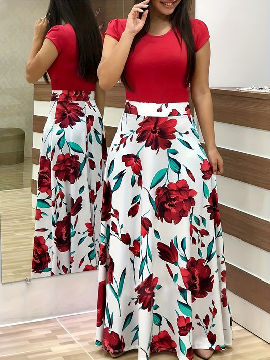 Women'S Plus Size Floral Print Red Colorblock Midi Dress with Short Sleeves - Elegant Crew Neck, Medium Stretch Polyester Fabric, Perfect for All Seasons