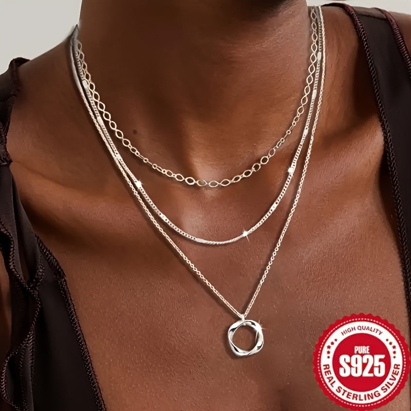 925 sterling silver necklaces for women, fashion multi-layer stackable stack choker necklaces for women, trendy layering circle pendant chain necklace set jewelry