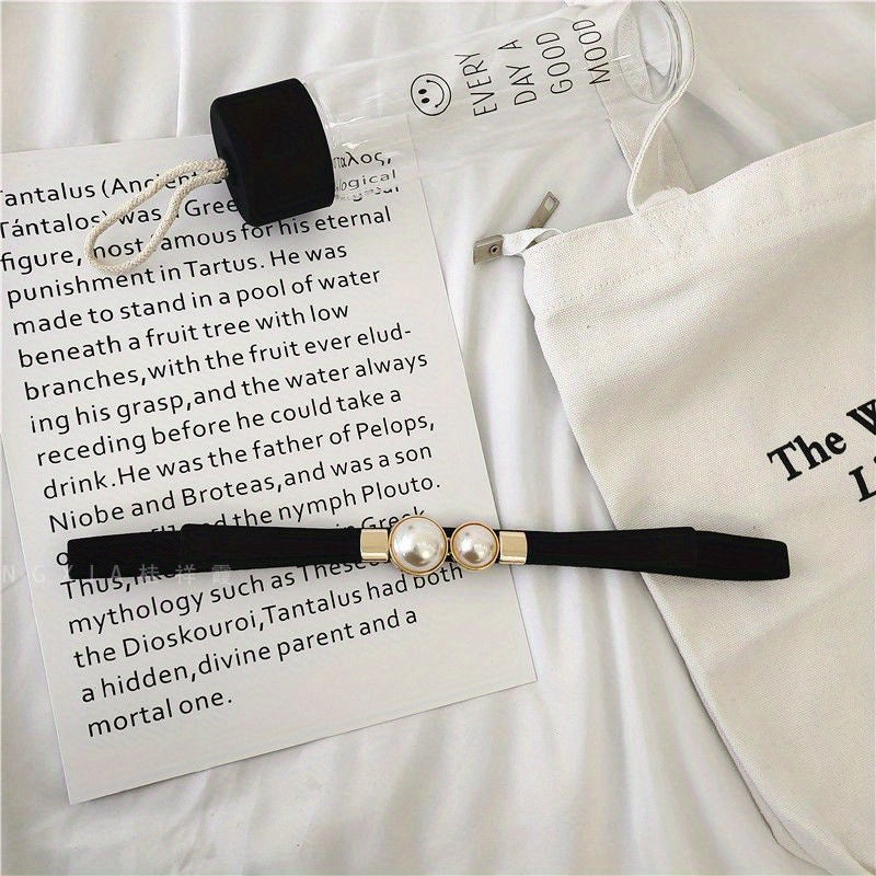 Faux Pearl Elastic Thin Belt, Women's Decoration For Dress, Fashion Simple Women's Buckle Thin Belt