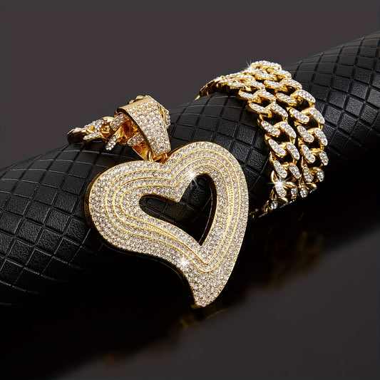 Unique Chunky Hollow Heart-Shaped Pendant Necklace - Iced Out, Cuban Chain, Punk Hip-Hop Style, Unisex Gift for Men and Women, Fashion Neck Decoration, Statement Jewelry, Perfect for Everyday Wear
