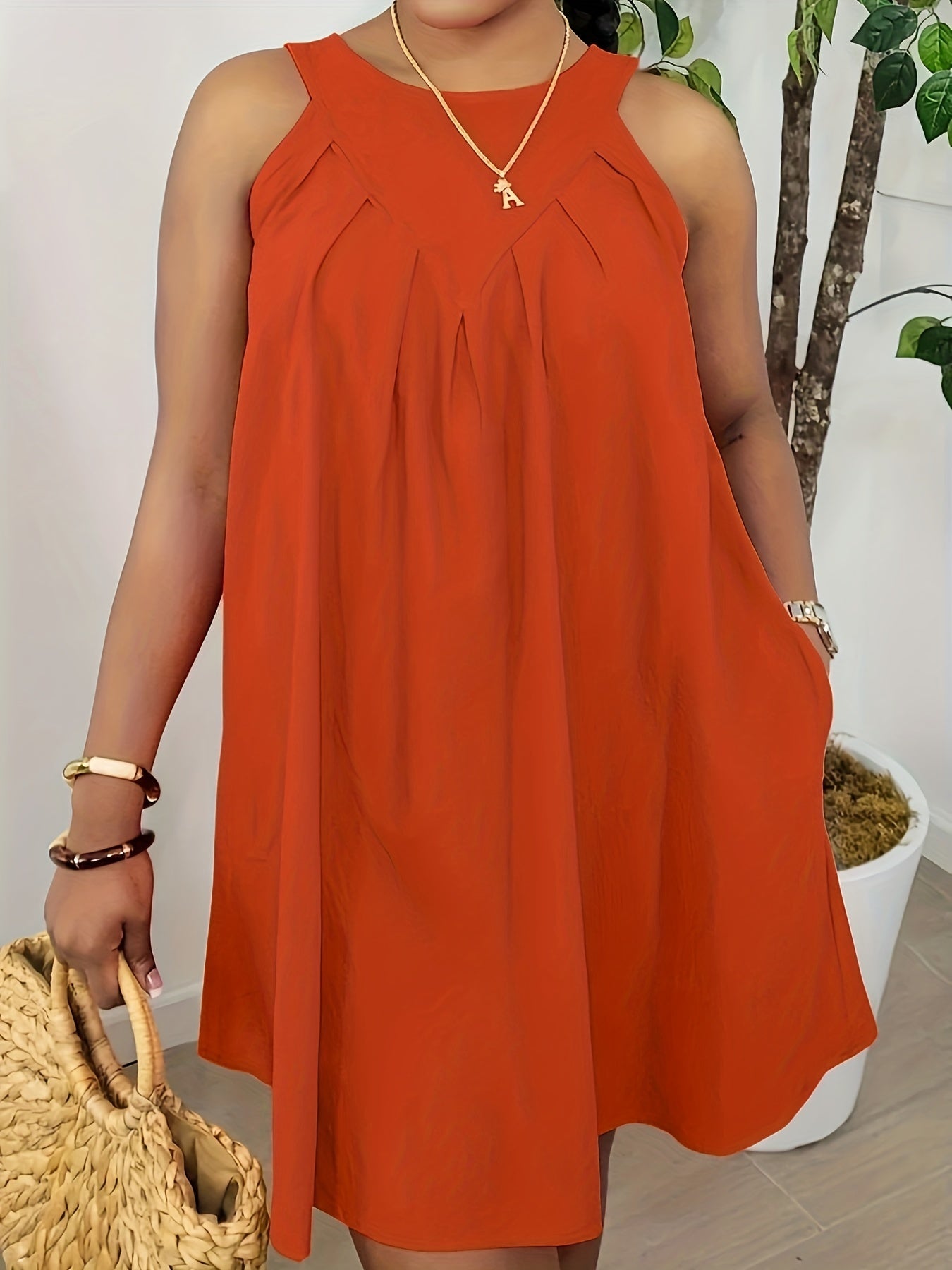 Solid Crew Neck Tank Dress, Elegant Sleeveless Loose Dress For Summer, Women's Clothing