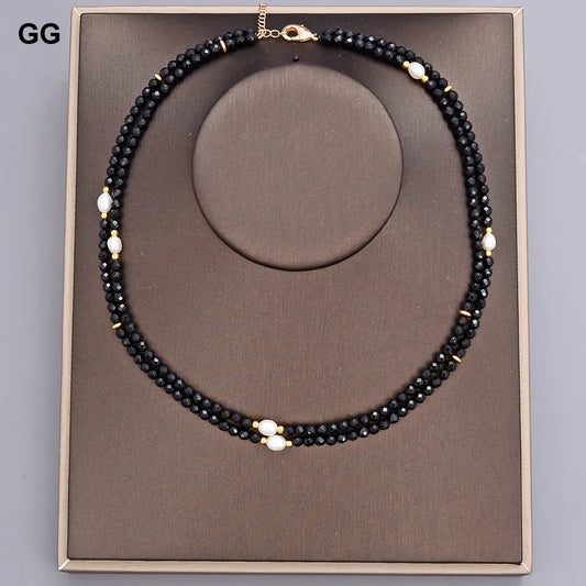 GG 2 Rows Natural Faceted Round Black Onyx Cultured White Rice Pearl Choker Necklace 17" For Women