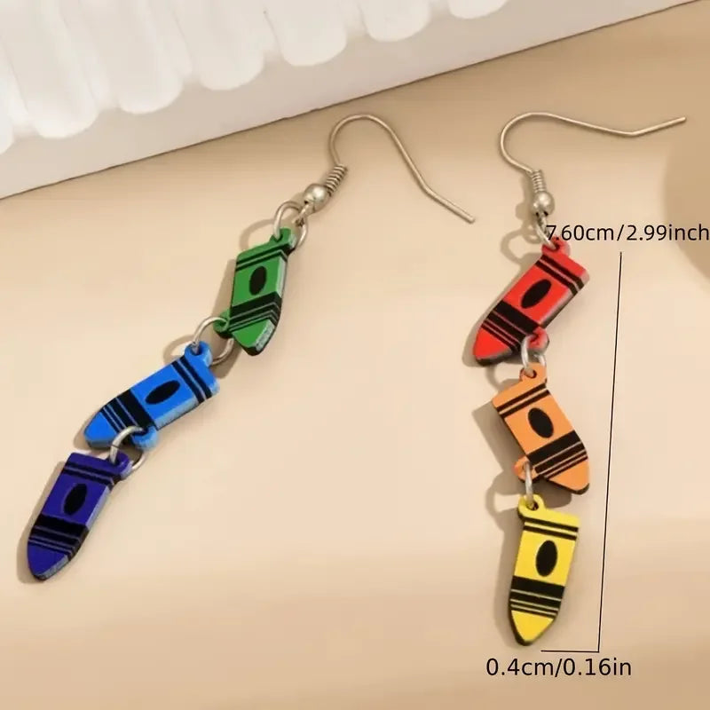 Colorful Crayon Pendant Earrings, Bohemian Style, Cartoon Design, Rainbow Tassel, Fashion Jewelry, Teacher Gift, Ladies Dangle E