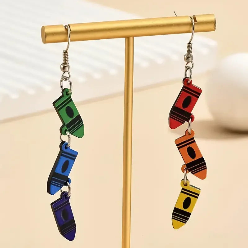 Colorful Crayon Pendant Earrings, Bohemian Style, Cartoon Design, Rainbow Tassel, Fashion Jewelry, Teacher Gift, Ladies Dangle E