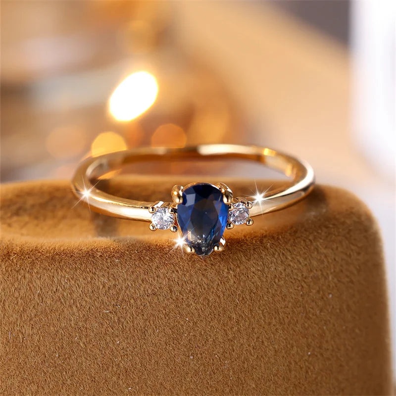Minimalist Pear Cut Royal Blue Stone Water Drop Zircon Stacking Thin Rings For Women Gold Color Female Wedding Bands Jewelry CZ