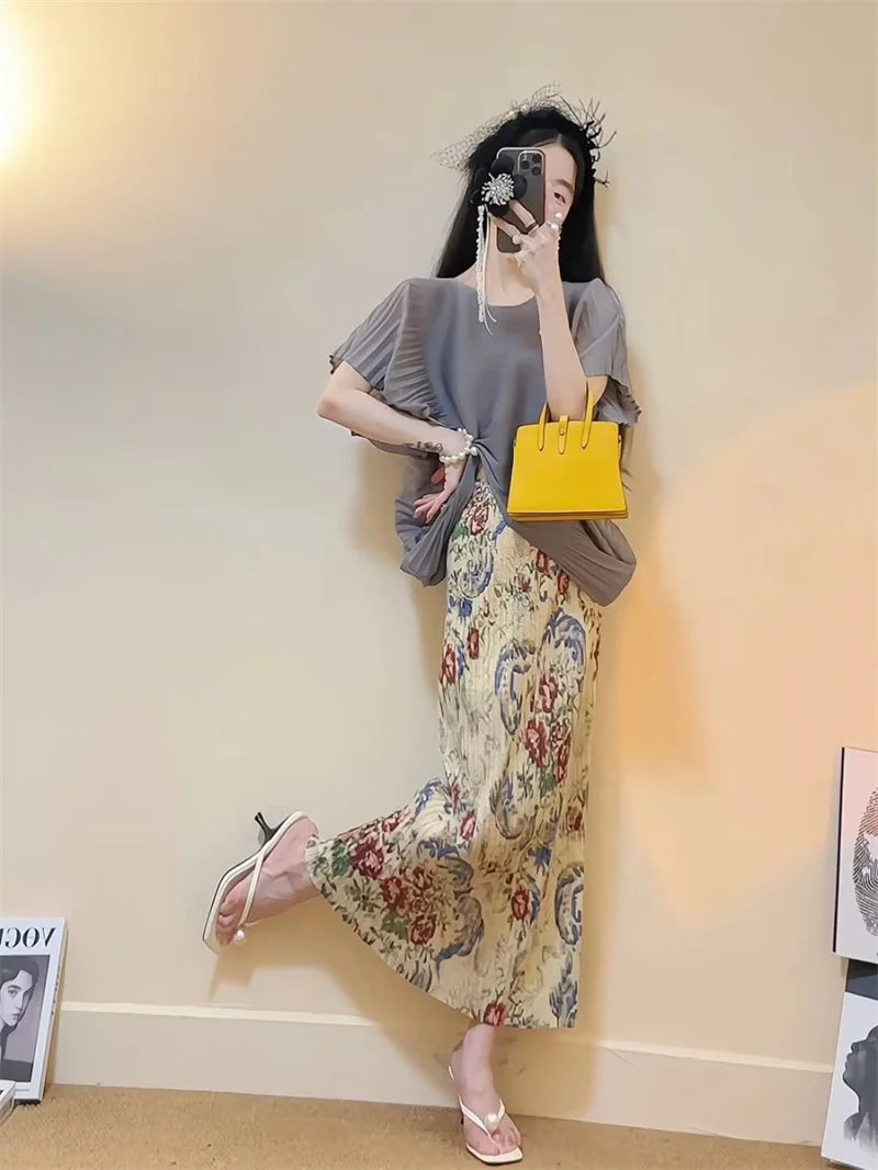Dresses Elegant Party Dresses Woman New Summer Dress Wearing a Slim Gray Pleated Short-sleeved Shirt Printed Skirt Suit Dress