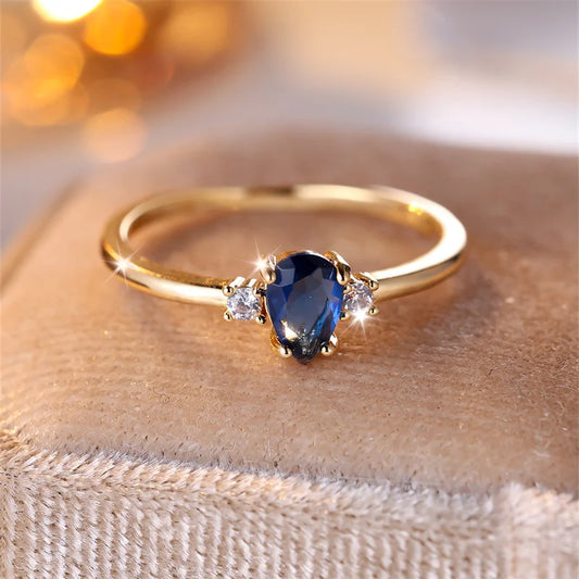 Minimalist Pear Cut Royal Blue Stone Water Drop Zircon Stacking Thin Rings For Women Gold Color Female Wedding Bands Jewelry CZ