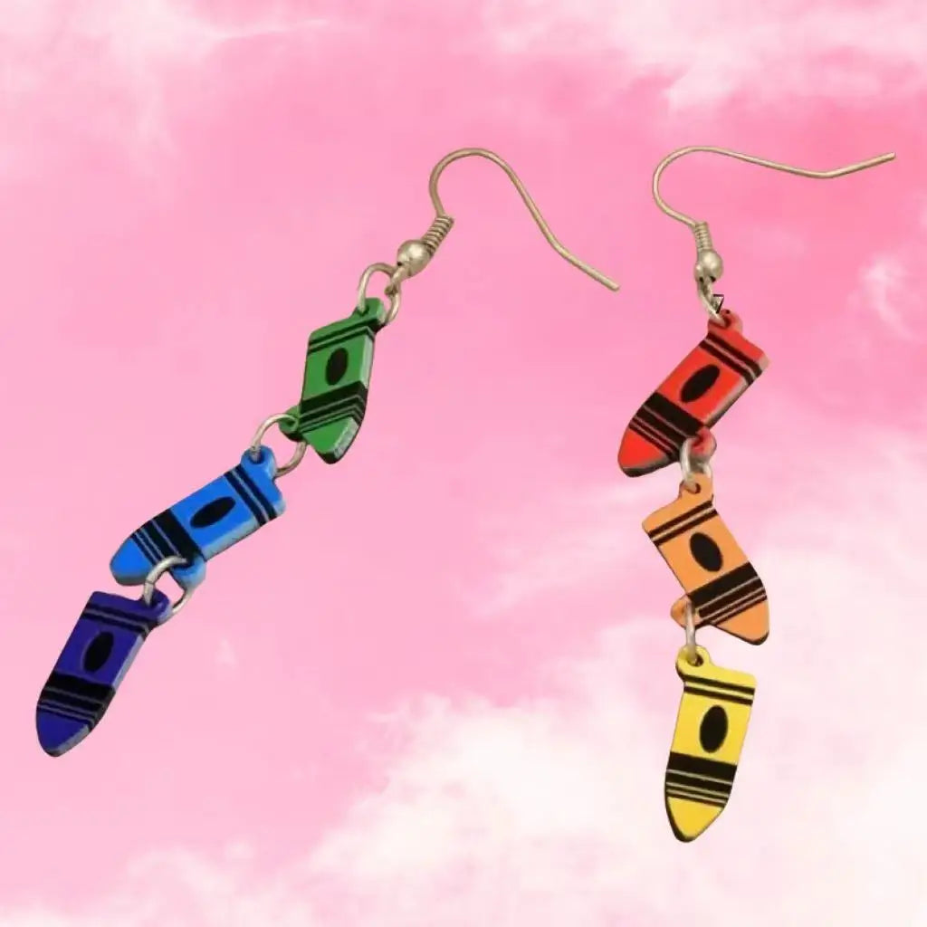 Colorful Crayon Pendant Earrings, Bohemian Style, Cartoon Design, Rainbow Tassel, Fashion Jewelry, Teacher Gift, Ladies Dangle E
