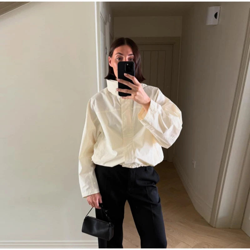 Cropped Bomber Jacket Thin Coat Women Loose Fit Stand Collar Solid Women's Top Autumn Outerwear Casual Daily Streetwear