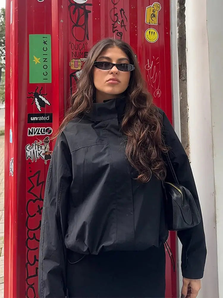 Cropped Bomber Jacket Thin Coat Women Loose Fit Stand Collar Solid Women's Top Autumn Outerwear Casual Daily Streetwear