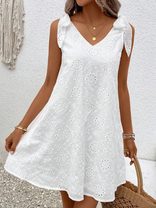 Elegant Dresses V-Neck Eyelet Embroidery Tied Detail Sleeveless Mini Straight Dress Vacation Fashion Summer Dress DF4987