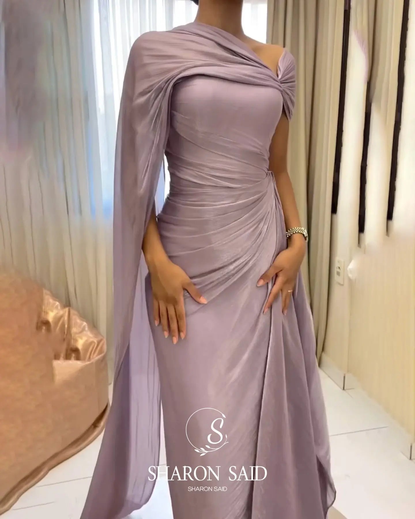 Sharon Said Elegant Lilac One-Should Dubai Evening Dress with Draped Cape Arabic for Women Wedding Dress Gown SF199 Customized