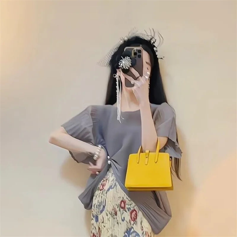 Dresses Elegant Party Dresses Woman New Summer Dress Wearing a Slim Gray Pleated Short-sleeved Shirt Printed Skirt Suit Dress
