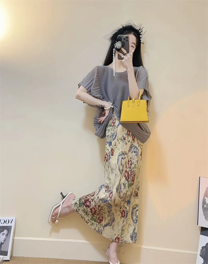 Dresses Elegant Party Dresses Woman New Summer Dress Wearing a Slim Gray Pleated Short-sleeved Shirt Printed Skirt Suit Dress