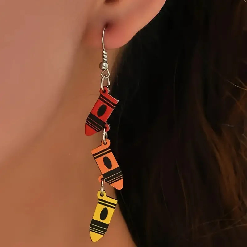 Colorful Crayon Pendant Earrings, Bohemian Style, Cartoon Design, Rainbow Tassel, Fashion Jewelry, Teacher Gift, Ladies Dangle E