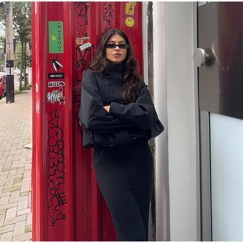 Cropped Bomber Jacket Thin Coat Women Loose Fit Stand Collar Solid Women's Top Autumn Outerwear Casual Daily Streetwear