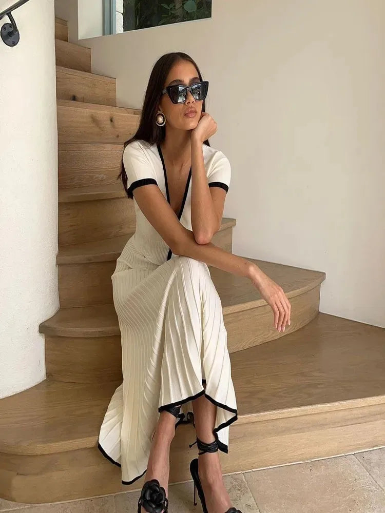 Summer Women White long Skirt Suit Short Sleeve V-neck crop top pleated set elegant dress 2 piece skirt set