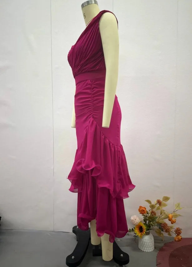 Dresses for Women 2025 Temperament Elegant Off Shoulder Ruffles Tiered Ankle Length Sleeveless Ruffle Edge Party Evening Dress