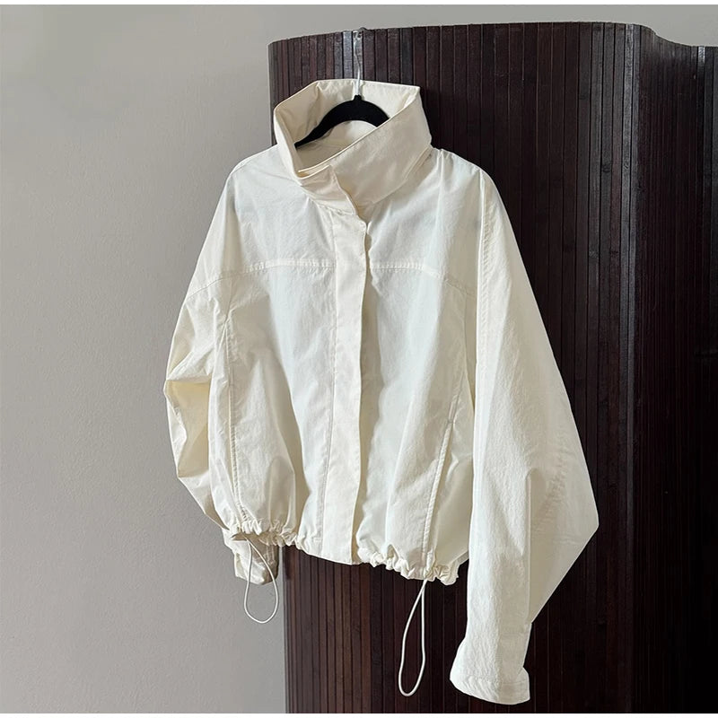 Cropped Bomber Jacket Thin Coat Women Loose Fit Stand Collar Solid Women's Top Autumn Outerwear Casual Daily Streetwear